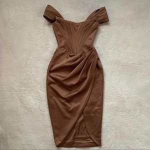 HOUSE OF CB Loretta Brown Toffee Satin Off Shoulder Corset Bustier Drape Dress